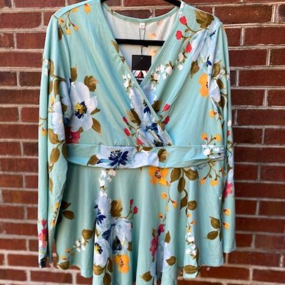 Tops - Floral Print Plus Size Tunic Top Long Sleeve Cross Front Pleated Casual 2X